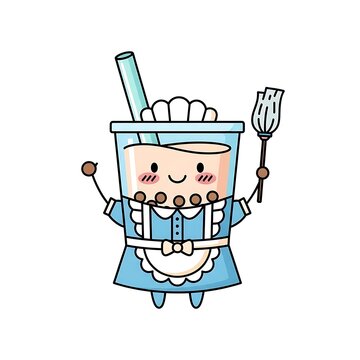 Adorable animated beverage cup in a maid outfit, holding a cleaning tool and a straw, with blushing cheeks