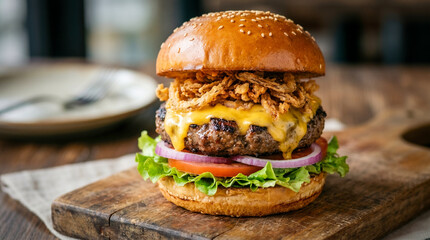 Obraz premium A mouthwatering gourmet cheeseburger stacked with a flame-grilled beef patty, melted cheddar, crispy fried onions, fresh lettuce, tomato, and red onion on a brioche bun.