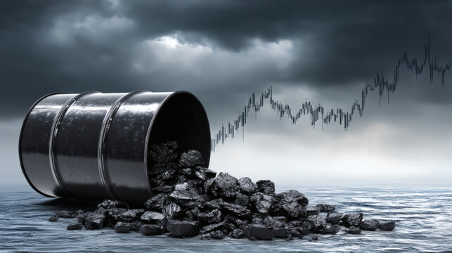 photorealistic illustration of a ruptured oil drum breaking apart into coal fragments with a luminous ascending stock index projected in the sky, cinematic shadows and stark contrasts emphasize 