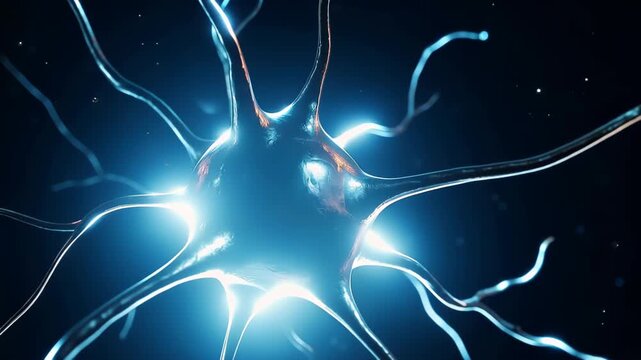 Cinematic close-up visualization of a glowing neuron cell body with branching dendrites and axon transmitting electrical impulses and synaptic light across a dark neural network
