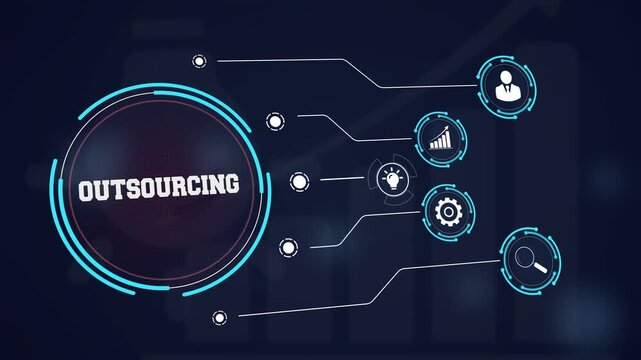 Global business outsourcing and offshore workforce management concept showing a futuristic digital interface with icons of professional remote team and cost efficiency