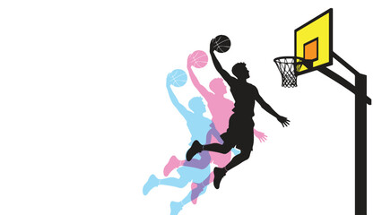 Basketball player executing a powerful slam dunk in a competitive game, suitable for sports articles, posters, and basketballthemed designs. © depryan