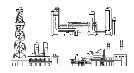 Obraz premium Industrial Factory Buildings and Structures Line Art.
