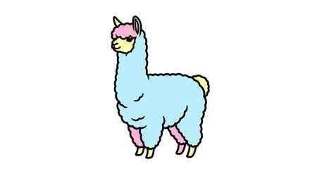 A cartoon llama with a pink face and legs stands against a white background, depicted in a colorful and playful illustration style with bold lines. © ahmad