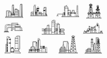 Obraz premium Industrial factory complex illustration with multiple structures and pipelines.