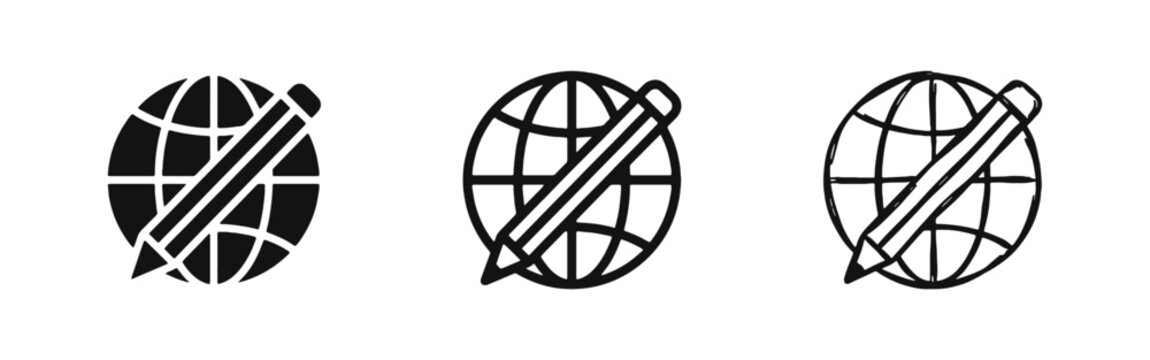 World Globe and Pencil Icon Set - Education Global Study and Creative Writing Concept Icons