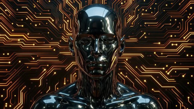 Glossy black humanoid android bust before a radiant golden circuitry backdrop, reflecting luminous circuit traces and digital patterns suggesting artificial intelligence