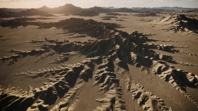 Pulling forward, drone revealing jagged central ridge in arid basin, exposing erosion patterns