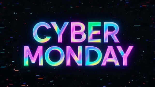 Vibrant holographic Cyber Monday neon 3D typography with glitch effects and RGB gradient glow on a dark starfield background promoting online deals and digital discounts