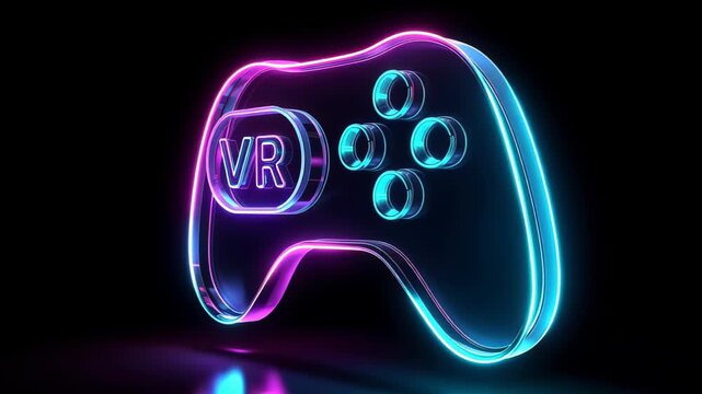 Futuristic glowing neon VR game controller rendered as a transparent holographic gamepad with cyan and magenta light reflections on a black background, evoking immersive VR gaming.