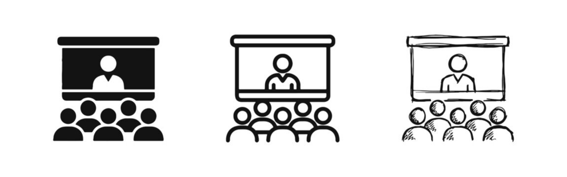 Video Conference Presentation Icon Set - Online Meeting and Audience Training Seminar Symbols