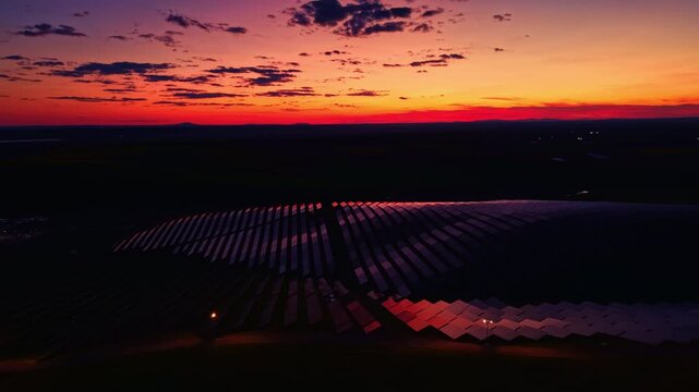 The sun sets behind solar panels located in open land. The sky shows a blend of colors, while clouds enhance the evening view. The lights from the panels shine as darkness approaches.