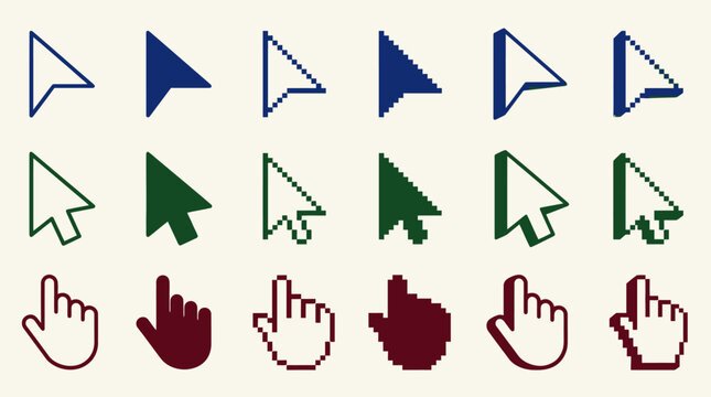 A collection of various computer mouse cursor icons displayed on a screen