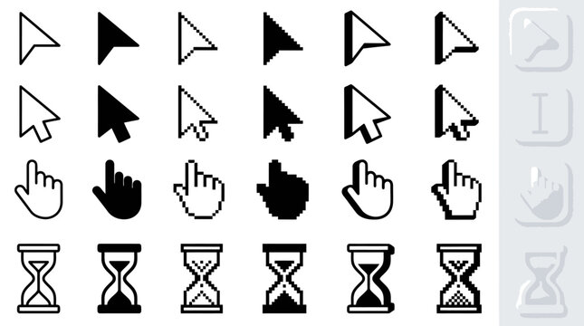 Computer cursor and hand icons with hourglasses on white background