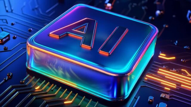 Iridescent AI processor chip glowing on a neon circuit board, close-up perspective revealing holographic colors, luminous traces, futuristic metallic surface texture