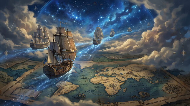 Magical wooden sailing ships floating above a vintage world map under a beautiful starry night sky