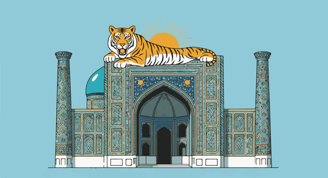 Majestic tiger rests atop ornate ancient building with turquoise dome and sun