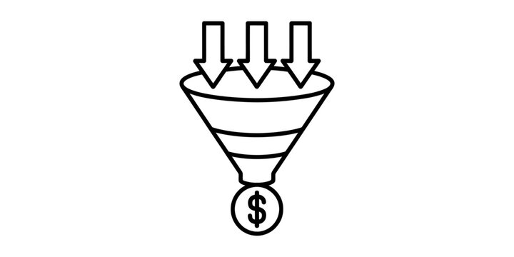 Sales funnel icon with arrows going in and dollar coin coming out, representing business growth and revenue generation concept. Vector, illustration