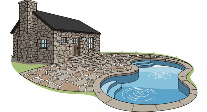 Stone cottage with a kidney-shaped swimming pool and flagstone patio