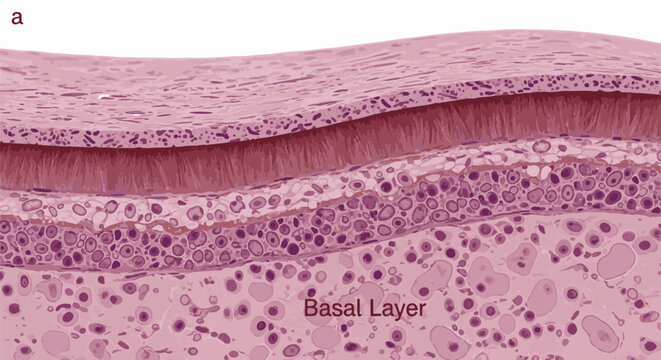 Microscopic view of cellular layers with visible text label 'Basal Layer'