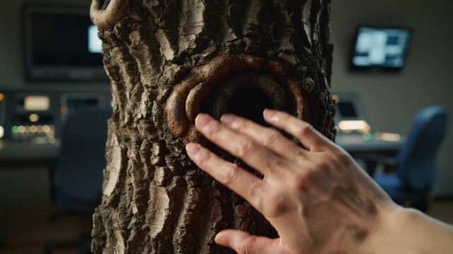 Approaching hand moving in from right exploring knothole on tree trunk at control room, with ring