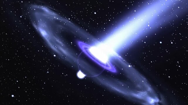 Brightening inner purple ring causing engine launching blue jet in deep space, hotspot spiraling in