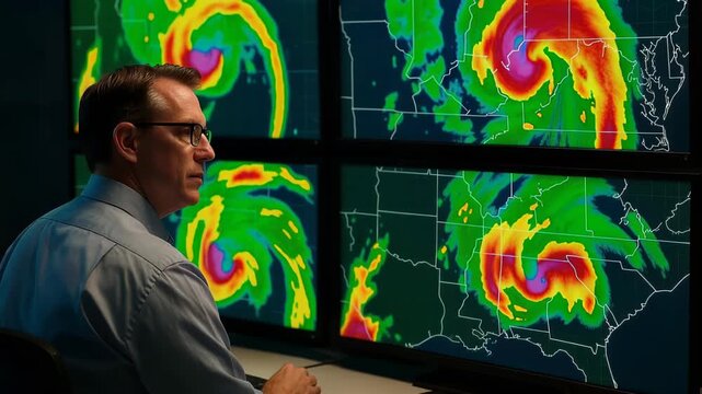 Meteorologist viewing multiple radar and satellite screens showing a large swirling hurricane over the southeastern United States in a dimly lit weather operations control room