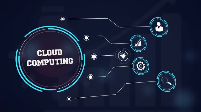 Strategic migration to cloud computing for business efficiency displayed on a glowing screen with icons representing secure data management and technical research