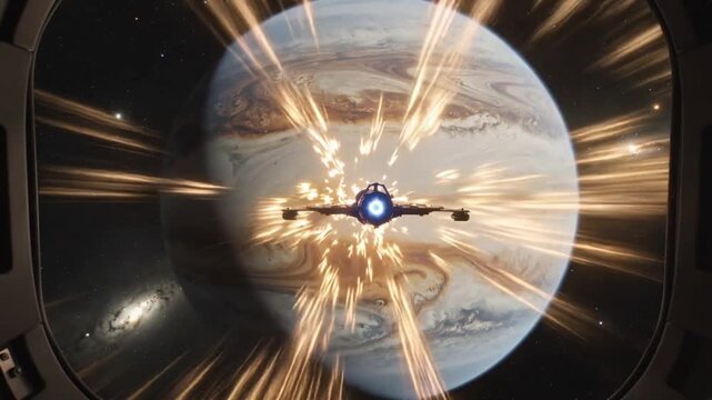 Gliding single-engine ship emitting sparks aft of engine through porthole near banded gas giant