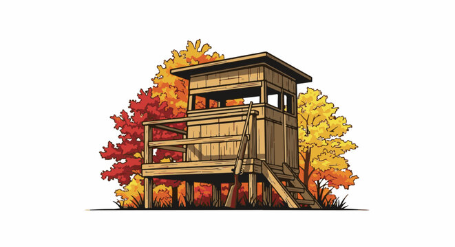Wooden hunting blind with colorful autumn trees and shotgun