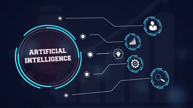 Artificial intelligence and machine learning technology in business shown on a digital interface with futuristic icons of smart innovation and strategic automation
