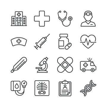 Medical symbols and elements vector icons set outline