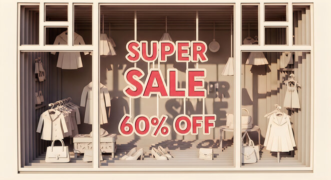 Paper Cut Style Window Display with 60 Percent Off Super Sale Sign