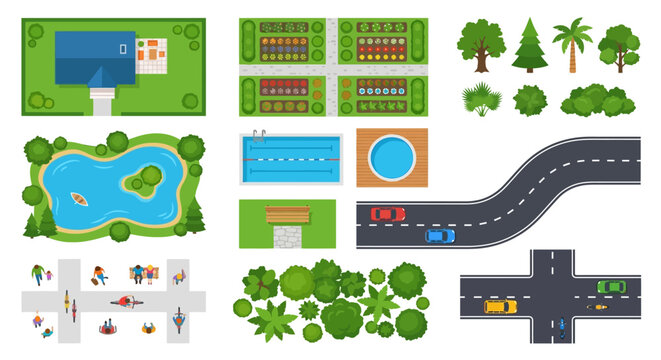 Aerial view of a neighborhood with houses trees and a pond vector illustration