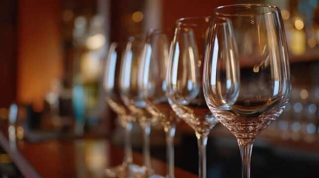 Empty wine glasses arranged in row on restaurant bar counter. Glassware for dinner service. Traditional drink concept for luxury banquet, celebration, catering event and dining experience.