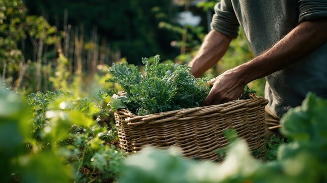 Man farmer holding wicker basket with fresh organic vegetables in home garden. Harvesting crops for healthy food and lifestyle. Sustainable agriculture and local farming concept.