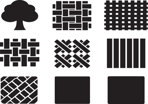 Comprehensive Collection of Black and White Vector Icons Featuring Intricate Woven Basket Textures, Grid Lattice Patterns, Geometric Shapes, and a Minimalist Tree Silhouette Illustration.