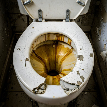 Close-up of a disgustingly dirty and severely damaged toilet, with cracked porcelain and heavy brown stains, indicative of long-term neglect and unsanitary living conditions in a derelict building