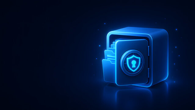 Neon Blue 3D Secure File Vault Icon on Dark Business Technology Background