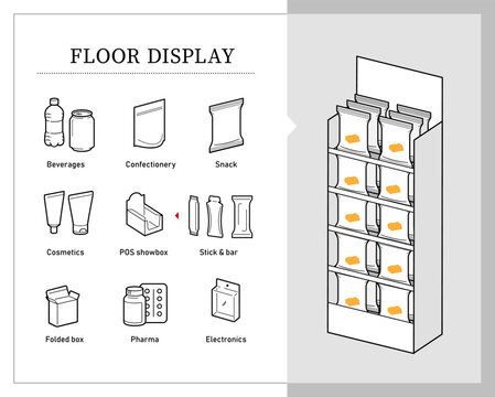 Set icons for five shelf side display sale point. The outline icons are well scalable and editable. Contrasting elements are good for different backgrounds. EPS10.