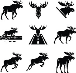 Naklejka premium Collection of black silhouette of moose in various poses and contexts deer animal wildlife
