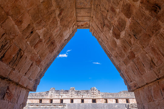 Quadrangle of the nuns under a Mayan mansard or curb roof, Uxmal, Yucatan, Mexico.