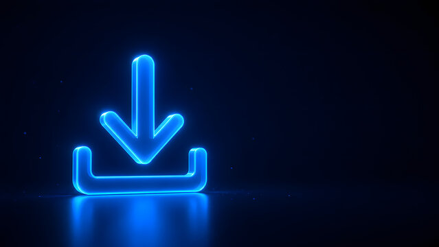 Neon Blue 3D Download Icon on Dark Technology Background with Copy Space