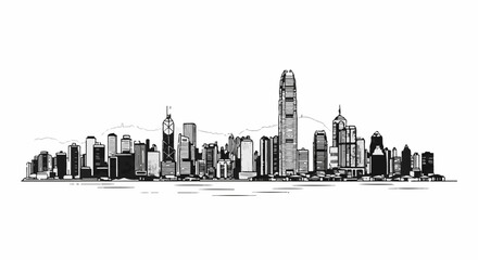 Fototapeta premium A monochromatic hand-drawn sketch of a dense city skyline with many tall buildings