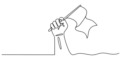 Continuous single line drawing of a hand holding a flag up in the air representing victory and success in a simple minimalist black and white style art Vector, illustration © Alo 2026 Arts