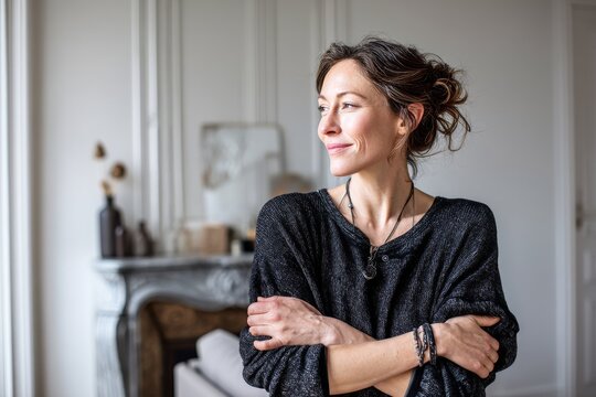 Portrait of a blissful woman in her 40s with arms crossed in front of crisp minimalistic living room