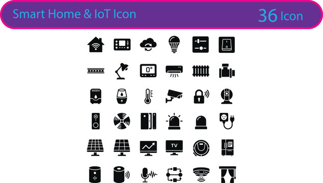 Smart home and io t 36 black symbols on white background