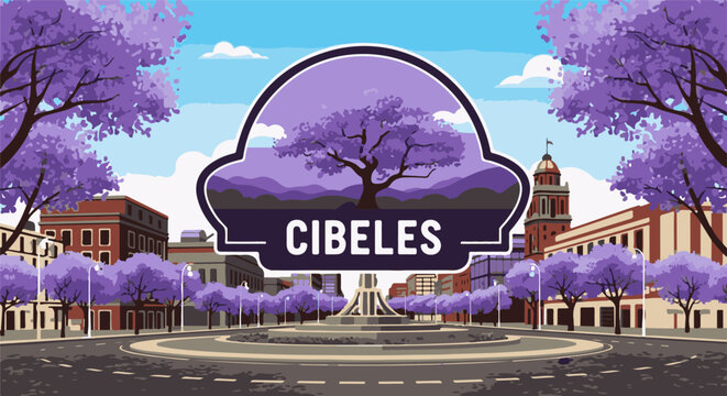 Pixel art cityscape with a fountain and jacaranda trees