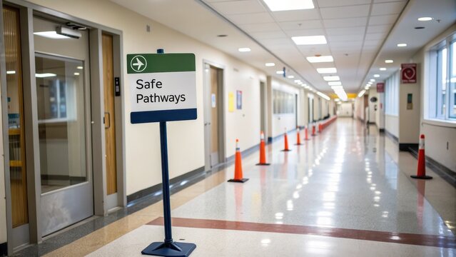 Safe Pathways Signage in a Bright Hallway with Orange Traffic Cones