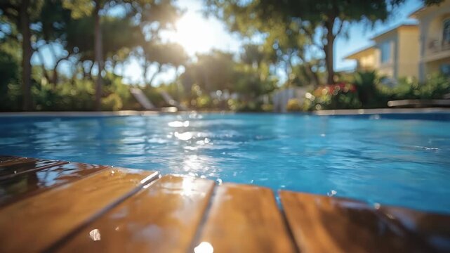 Sunlit outdoor pool with clear water and wooden deck in tropical garden
